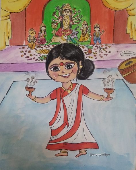 illustration of bengali women on durga puja Durga Puja Drawing For Kids, Durga Drawing Art, Durga Puja Drawing, Diy Baby Costumes, Memory Drawing, Happy Durga Puja, Ma Durga, Kali Maa, Hand Art Kids