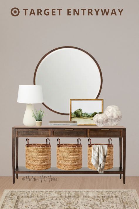 Target entryway mood board with a wood console table Studio Mcgee Console Table, Entry Table With Mirror, Long Entryway Table, Decor Mood Board, Entryway Table With Storage, Console Table Entryway, Console Table Lamp, Diy Console Table, Drawer Console