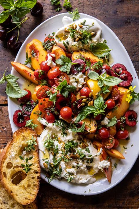 Tomato, Peach, and Burrata Salad. Salad Recipes Caprese, Peach Cherry Burrata Salad, Healthy Burrata Salad, Buttata Salad, Elevated Food Recipes, Elevated Pasta Salad, Italian Summer Salad, Pear Burrata Salad, Half Baked Harvest Salad