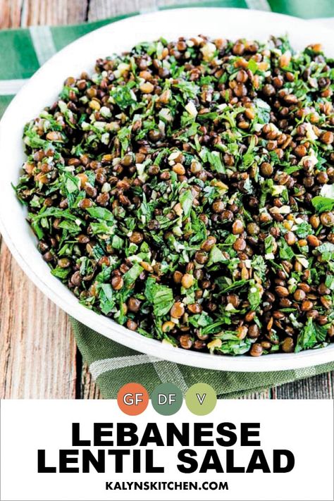 For anyone who's a fan of lentils, this delicious Lebanese Lentil Salad has amazing flavors from garlic and fresh herbs! [found on KalynsKitchen.com] #LebaneseLentilSalad #LentilSalad Green Lentil Salad, Rose Food, Lentil Salad Recipes, French Green Lentils, Lectin Free, Meatless Main Dishes, Herb Salad, Vegetarian Salads, Vegan Salad Recipes