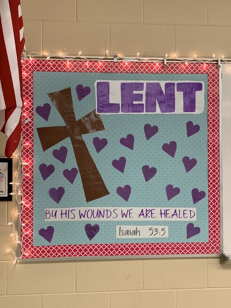 Lent And Easter Bulletin Boards, Ash Wednesday Bulletin Board Ideas, Lent Classroom Door, Lent Bulletin Boards Catholic, Lent Door Decorations Classroom, Lent Bulletin Board Ideas Church, Lenten Bulletin Board Ideas, Lent Bulletin Board Ideas Catholic, Lent Bulletin Boards