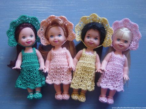 Four Cute Kelly Dolls in new outfits Crochet Doll Clothes Free Pattern, Crochet Doll Clothes Patterns, Kelly Doll, Barbie Kelly, Crochet Barbie Clothes, Barbie Family, Crochet Dresses, Barbie Patterns, Crochet Doll Clothes