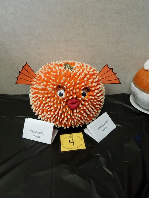 This puffer fish won our 2019 competition with 3 hours of labor and 8 bags of candy corn. Our pre-cert gals are amazing! Halloween Pumpkin Competition, Pumpkin Puffer Fish, Pufferfish Pumpkin, Puffer Fish Pumpkin, Fish Pumpkin Carving, Fish Pumpkin, Pumpkins Painting, Halloween Potluck, Pumpkin Decorating Contest