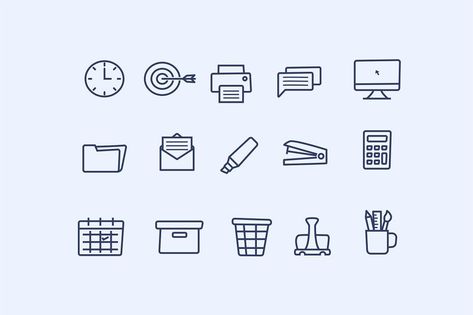 Office Icon Pack. A modern and stylish collection of office doodle icons. Included is a clock, dartboard / target, printer, message, iMac, folder, envelope with a letter inside, highlighter, stapler, calculator, calendar, box, trashcan / bin, hole punch, and stationary in a mug. #icon #office #workspace #doodle #drawing #computer #desktop #illustration Office Doodle, Desktop Illustration, Doodle Challenge, Doodle Icons, Office Icon, Computer Drawing, Hanging Craft Ideas, Drawing Pin, Sketch Note