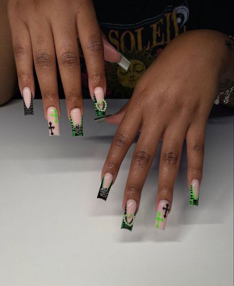 Back To School Nails Long, Nails With Charms Black, Chip Nails, Nails With Charms, Colourful Acrylic Nails, No Chip Nails, Green Acrylic Nails, Girl Nails, Long Acrylic Nail Designs