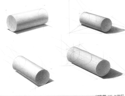 Cylinder shading from different angles of light! Cylinder Shading, Cylinder Sketch, Cylinder Drawing, Shapes Drawing, Geometric Shapes Drawing, Cylinder Lights, Academic Drawing, Portrait Drawings, Reference Art