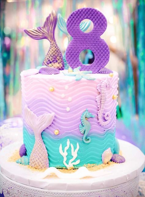 Mermaid Theme Cake Design, Simple Mermaid Cake Design, Mermade Cake, Birthday Cake 8th Girl, Mermaid Cake Ideas Birthdays, Mermaid Cake Diy, Mermaid Cakes For Girls Birthday, Simple Mermaid Birthday Cake, Pastel Mermaid Cake