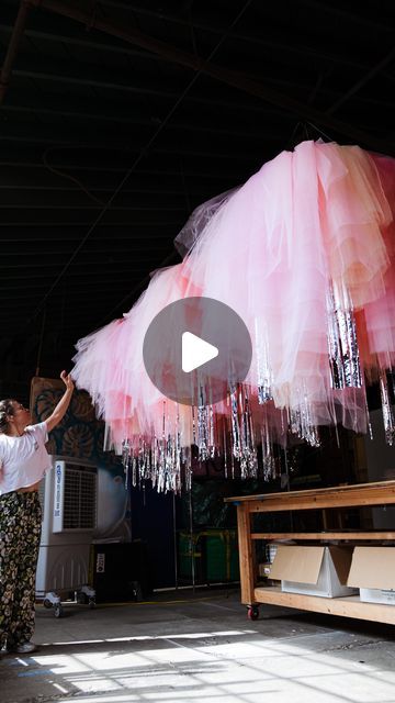 Corrie Sullivan on Instagram: "Pink tulle and tinsel chandeliers made for an event with @sugar_la ✨🩷🪩 #CorrieinColor" Tulle Decorations Diy Parties, Tulle Ceiling Draping, Tulle Chandelier, Tinsel Chandelier, Tulle Ceiling, Tinsel Backdrop, Tulle Backdrop, Tulle Decorations, Ceiling Draping