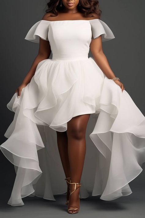 Xpluswear White Wedding Dresses For Guests, White Winter Dress Formal, Types Of Off Shoulder Sleeves, Cocktail Style Wedding Dress, Dresses That Hide Tummies, Non Traditional Bride Outfit, Plus Size Puff Sleeve Dress, Short Summer Wedding Dresses For Bride, Little White Wedding Dress