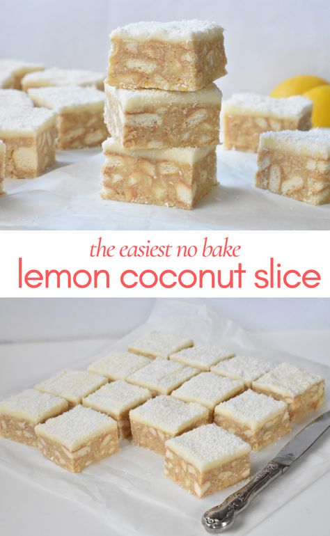 Lemon And Coconut, No Bake Slices, Easy Dessert Bars, Allergy Friendly Desserts, Coconut Slice, Flourless Chocolate Cake, Lemon Icing, Lemon Coconut, Flourless Chocolate Cakes