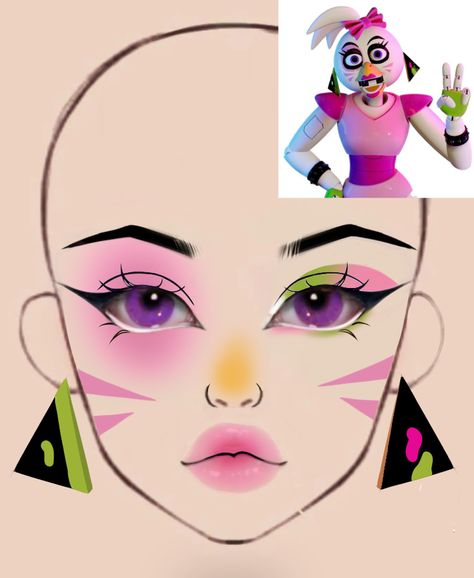 Chica Makeup Fnaf, Glamrock Chica Makeup, Glamrock Chica Cosplay, Sonic Makeup, Makeup Looks For Halloween, Fnaf Makeup, Makeup Drawings, Glamrock Chica, Eyeshadow Ideas