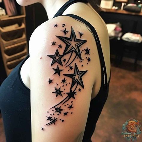 Star Tattoo Cover Up Ideas, Shoulder Scar Tattoo Cover Up, Star Tattoo Cover Up, Arm Tattoos Stars, Star Tattoos For Women, Stars Tattoo Designs, Shooting Star Tattoos, Tattoos Stars, Star Sleeve Tattoo