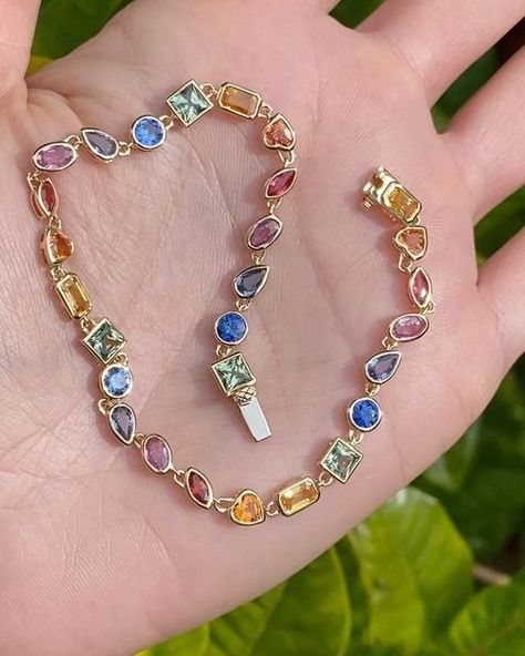 Julz on Instagram: "Ending this gloomy day with a magical 14k bezel set all rainbow sapphire tennis bracelet 🥹  It is 8” in length and can be shortened!! It has approx 5 carats of gorgeous fancy shape sapphires in all different rainbow colors 😍  Swipe to see this beauty on!!! More finds of our Vegas show coming tomorrow!! Don’t forget to turn on post notifications 🤩" Sapphire Tennis Bracelet, Vegas Shows, Rainbow Sapphires, Rainbow Jewelry, Gloomy Day, Pretty Jewelry, Sapphire Bracelet, Birthday Wishlist, Gem Stones