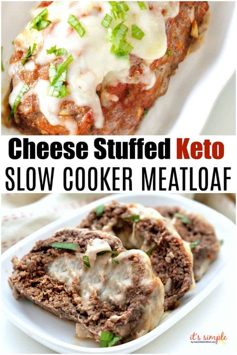 This stuffed slow cooker #keto meatloaf recipe is so easy and delicious that even non keto'ers will love it. Full of cheese and flavor, also makes a great #mealprep dish. #ketorecipes #lowcarbrecipes #ketomeatloaf #glutenfree #easyketo #dinnerideas #dinner #meatloaf #slowcooker #slowcookerrecipes #ketodietforbeginners #ketodinner #lowcarbmeatloaf #lchfdiet #stuffedmeatloaf #cheese #kidfriendlyketo #familydinnerideas Slow Cooker Keto Recipes, Meatloaf Easy, Traditional Meatloaf Recipes, Keto Meatloaf, Keto Slow Cooker, Low Carb Meatloaf, Crockpot Meatloaf, Slow Cooker Meatloaf, Keto Crockpot