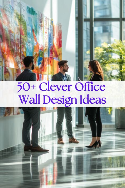 Three professionals collaborating in front of a vibrant, colorful wall display in a modern office space, showcasing corporate office wall decor and corporate office wall design with an emphasis on office interior design modern aesthetics. Corporate Office Wall Design, Office Wall Design Ideas, Vinyl Record Wall Display, Record Wall Display, Inspiring Office, Wall Design Ideas, Whiteboard Wall, Office Wall Design, Innovative Office