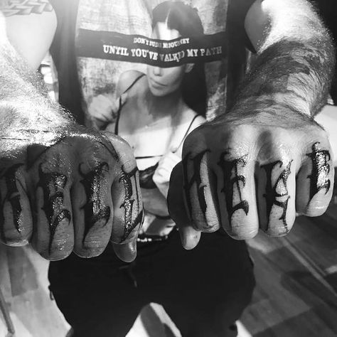 #hell is here #tattoo finger Finger Tattoo Writing, Here Tattoo, Tattoo Finger, Finger Tattoo, Finger Tattoos, Leather Glove, Tatting, Tattoo Ideas, Writing