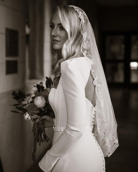 One of Zoya's Atelier's Favorites! Amber is a long sleve silk crepe fit and flare wedding dress with a keyhole back and centerback buttons #ambergown #DCbride #longsleeves #bride #chicbride #weddingday #bride #weddingdress #bridalgown Bridal Gowns Simple, Silk Crepe Wedding Dress, Gowns Simple, Long Sleeve Bridal Gown, Simple Engagement, Crepe Wedding Dress, Classy Wedding Dress, Chic Brides, Wedding Dress With Veil