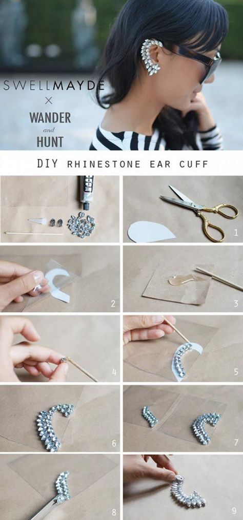 Ear Cuff Diy, Rhinestone Ear Cuff, Diy Jewlery, Diy Rhinestone, Diy Schmuck, Bijoux Diy, Accessories Diy, Ear Jewelry, Jewelry Projects