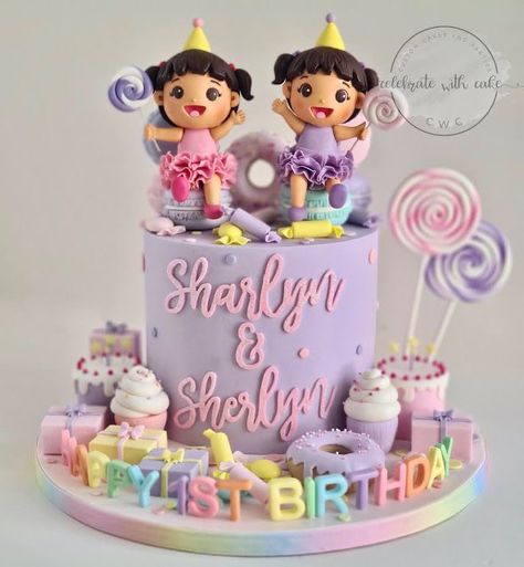 Cake For Twins Girls Birthday, Twin Girls Birthday Cake, Girls Birthday Cake Ideas, Torte Baby, Food Varieties, Baseball Cookies, Cake Designs For Girl, Twin Birthday Cakes, Single Tier Cake