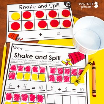 Shake and Spill - Ways to Make 5 and 10 10 Frame Activities 1st Grades, Making 10 Kindergarten Activities, Shake Spill And Count, Make A 10 To Add Activities, Shake And Spill 10, Making 10 Activities 1st Grade, Easy Math Centers Kindergarten, Shake And Spill Kindergarten Free, Making 10 Kindergarten