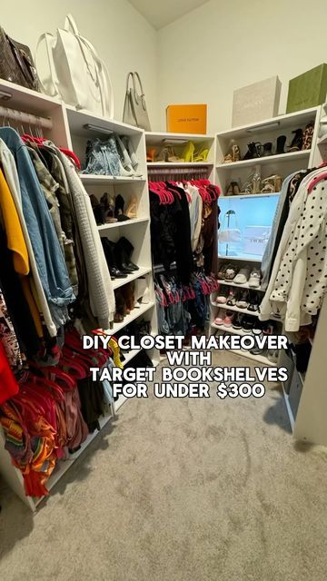 Melissa Monet on Instagram: "DIY Closet Makeover with Target Bookshelves for under $300 No more clutter!!! With the help of my dad @tonysewer I remodeled my closet and it turned out better than I imagined. Links to everything in my bio.😍😍 #targetbookshelfsmallcloset #Targetbookshelfandrod #diytargetbookshelfinstalledslidingdrawers #targetbookshelftotvstand #targetbookshelfclosetforapartment #diytargetbookshelfclosetforsmallcloset #targetclosetbookshelf2023 #targetclosethacks #smallclosetorganization #closetorganzierfromtarget #targetbookshelf" Bookshelf Closet Ideas For Kids, Bookshelves For Closet Storage, Bookshelves In Closet For Storage, Diy Closet Bookshelves, Target Bookshelf Walk In Closet Hack, Closet Makeover With Bookshelves, Target Book Shelf Closet Ideas, Diy Kids Closet Organization, Turning A Room Into A Closet On A Budget