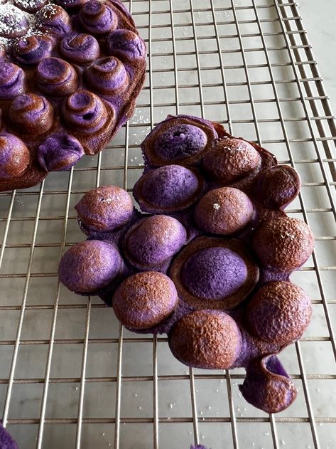 Ube Cheesecake Mochi Bubble Waffles Recipe By Kat Lieu — modern asian baking Chocolate Bubble Waffle, Ube Mochi Waffle Recipe, Bubble Waffles Recipe, Bubble Waffle Ideas, Bubble Waffle Recipe, Mochi Waffle Recipe, Mochi Waffles, Ube Cheesecake, Asian Baking