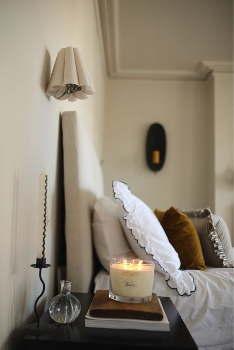 Bedside Candle, Bedroom Throw Pillows, Candle Art, Scallop Edge, Unique Architecture, Studio Mcgee, Decoration Inspiration, Christmas Gift Ideas, Bedroom Aesthetic