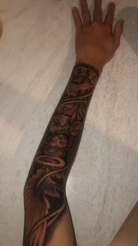 Heavenly Sleeve Tattoo, Africa Tattoos Men Sleeve, Hand Arm Tattoo For Men, Men’s Half Sleeve, Men Half Sleeve Tattoo Ideas, Cover Up Tattoos Forearm, Fendi Tattoo, Hard Tattoo Designs, Haitian Tattoos