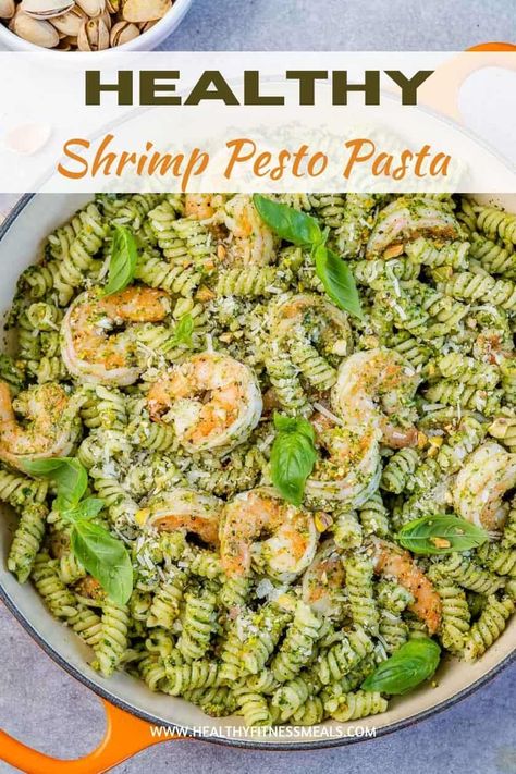 Of all the ways you have prepared shrimp, this Shrimp Pesto Pasta will be one of your favorites! It is easy to make, packed with lean protein, and full of flavor. #pesto #shrimppasta #pestopasta #pestoshrimppasta #pistachiopesto #pestorecipe Pesto With Shrimp And Pasta, Shrimp Pesto Pasta Recipes Healthy, Pesto Shrimp Pasta Salad, Shrimp Broccoli Pesto Pasta, Pesto Shrimp Salad, Prawn Pesto Pasta, Shrimp Pesto Pasta Recipes Easy, Shrimp And Pesto Pasta, Shrimp Pesto Pasta Recipes