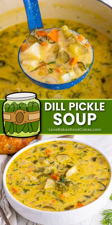 This Dill Pickle Soup recipe is a savory delight that combines dill pickles, potatoes, and creamy broth for a comforting meal any time. Fill Pickle Soup, Dill Pickle Drinks, Dill Pickle Recipes, Dill Pickle Soup Recipe, Pickle Soup Recipe, Pickle Dishes, Dill Pickle Soup, Pickle Soup, Creamy Soups