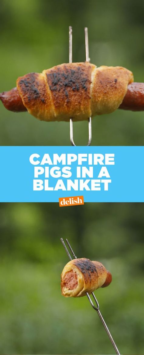 Campfire Meals Foil, Hot Dog Crescent Rolls, Hot Dog On A Stick, Pigs In A Blanket Recipe, Camp Fires, Camping Menu, Grilling Ideas, Foil Pack Meals, Camping Dinners