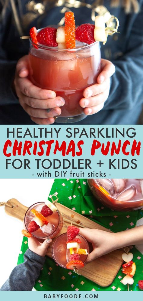 This Healthy Sparkling Christmas Punch is a fun twist on the classic version - but made with wholesome ingredients that is perfect for kids ages 1 and up! Plus, they get to make their own DIY Fruit Skewers to garnish their fancy "grown up" drink. #christmaspunch #healthy #toddler Christmas Punch For Kids, Fun Kids Drinks, Punch For Kids, Punch Recipes For Kids, Kid Friendly Drinks, Fruit Sticks, Kids Punch, Christmas Punch Recipes, Kid Christmas