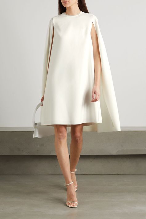 Cape White Dress, Cape Dresses, Twiggy Dress, Knee Length Wedding Dress, Classic White Dress, Cape Wedding Dress, Crepe Midi Dress, Frock For Women, Knitted Cape