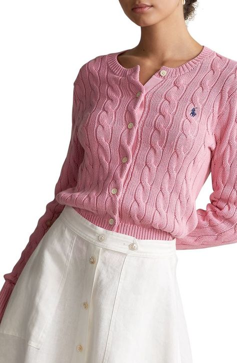 Polo Ralph Lauren Women Outfits, Pink Cardigan Outfit, Ralph Lauren Cable Knit, Summer Outfits For Moms, Women Ralph Lauren, Polo Ralph Lauren Women, Cardigan Outfits, Gwyneth Paltrow, Cable Knit Cardigan