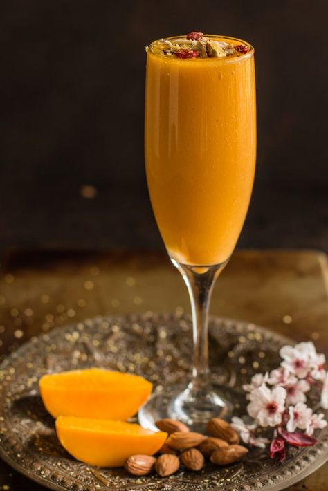 Mango Mastani — KarthisKitchenStudio. Mangoes, almond milk, sugar, cardamom, salt. Garnish with nuts. Mango Mastani, Food Blog Photography, Mango Drink, Fruity Recipes, Mango Drinks, Cocktails Recipes, Dessert Photography, Refreshing Drinks Recipes, Tastemade Recipes