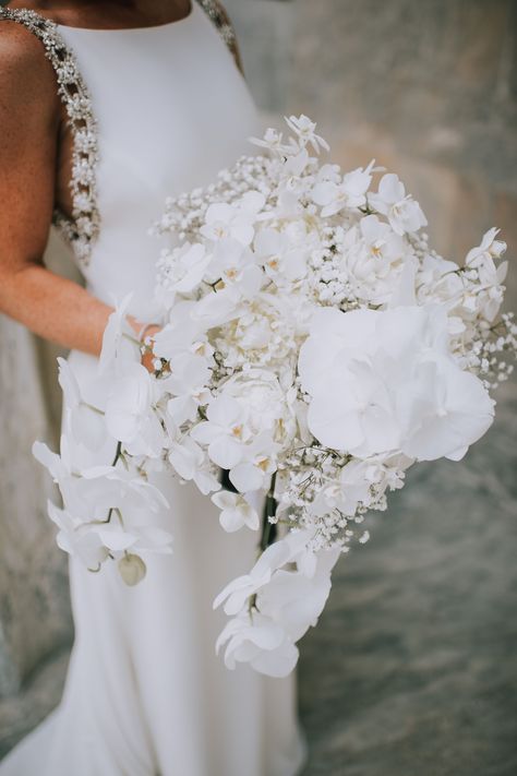 Glamorous White Bouquet with Peonies, Orchids and Baby's Breath Orchid Boutonniere, White Flower Arrangements, Orchid Bouquet, All White Wedding, Orchid Wedding, Peony Wedding, White Wedding Bouquets, Real Weddings Photos, Black White Wedding