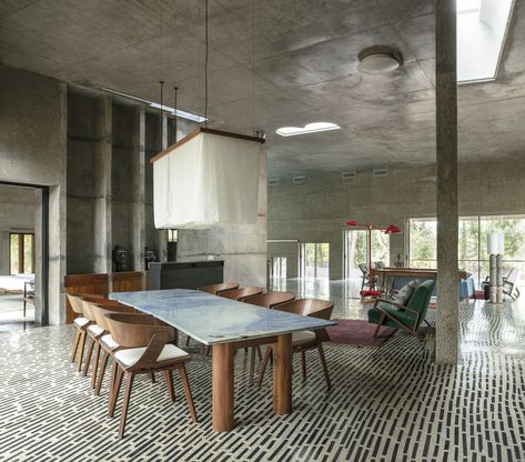 Samira Rathod, Brutalism Interior, Event House, Dark Wooden Furniture, Brutalist Interior, Concrete Terrazzo, Smooth Concrete, Design Atelier, Conceptual Architecture