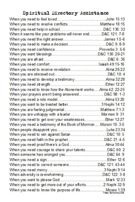 Spiritual Directory Assistance.  Awesome! Cheat sheet for leading my kids to the right scriptures when they are struggling with something. Scriptures To Read When, Bible References, Inventory List, Yw Lesson, Prayer Requests, Scripture Study, Bible Lessons, Cheat Sheet, Spiritual Inspiration