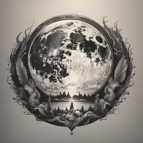 Realistic Moon Tattoo Designs, Dusk Tattoo, Full Moon Tattoo Men, Moon Tattoo Sleeve, Skull And Moon Tattoo Design, Full Moon With Clouds Tattoo, Creepy Moon Tattoo Designs, Full Moon Tattoo, Crescent Moon Tattoo