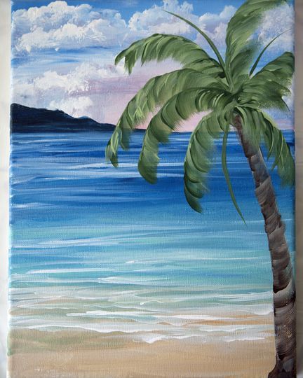 To conclude this one stroke painting course, complete this beautiful tropical landscape painting on canvas, featuring an ocean scene and a palm tree. Art Tricks, Beach Mural, Palm Trees Painting, Painting Pictures, Painting Courses, Easy Canvas Painting, Canvas Painting Landscape, Simple Acrylic Paintings, House Paint