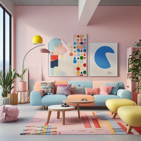 Minimalist Interior With Color, Danish Colorful Home, Pastel Condo Design, Colourful Modern Art Living Room, Electric Pastel Room, Interior Design Colorful, Pastel Rainbow Interior Design, Pastel Living Room, Deco Pastel