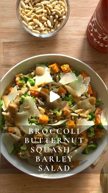 Sarah Faris | Broccoli, Butternut Squash and Barley Salad (serves 4)  1 medium butternut squash 2 tbsp grapeseed or other neutral oil 6 oz. broccoli... | Instagram Farro Butternut Squash, Balsamic Vinaigrette Recipe, Barley Salad, Shaved Parmesan, Butternut Squash Salad, Vinaigrette Recipe, Ice Bath, Toasted Pine Nuts, Cracked Pepper