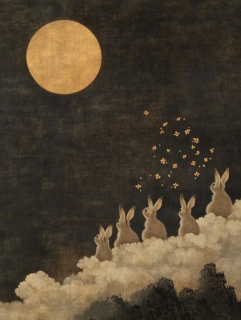 In the enchanting realm of classical Chinese art, the Song Dynasty's Gongbi technique stands as a testament to meticulous detail and sophisticated elegance. Our latest piece, entitled 'Fairytale Bunnies under a Full Moon', draws inspiration from this revered style, capturing the poetic essence of rabbit folklore interwoven with the serene beauty of a moonlit night. This artwork serves not only as a visual feast but also as a narrative canvas where fantasy and tradition converge, presenting an ex New Moon Art, Moon Digital Art, Astrological Art, Whimsical Fantasy Art, Vintage Moon Art, Sleep Art, Vintage Fairytale Art, Vintage Celestial Art, Moon Bunny Art