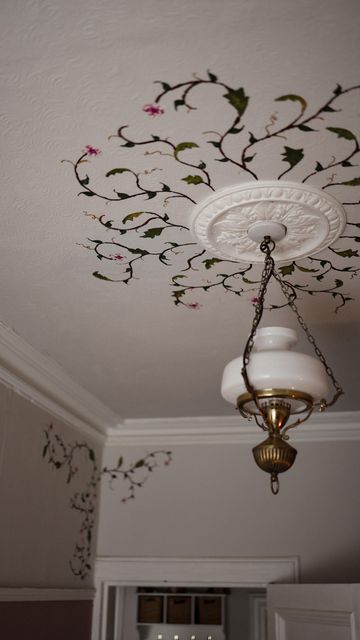 Tally Sharples on Instagram: "Welcome to the Age of Whimsy, in which we romanticise our lives and create our own little fairytale havens. My sewing room is nearly finished, what do you think? Would you paint vines on your ceiling?" Painting On Ceiling, Painted Ceiling Ideas, Ceilings Painted, Hand Painted Ceiling, Ceiling Murals, Welcome To My House, My Sewing Room, Painted Ceiling, Everyday Makeup