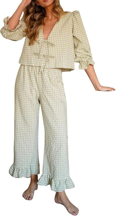 Tsultryofs Women 2 Piece Gingham Pajama Set Tie Front Puff Sleeve Peplum Shirt Ruffle Lounge Pants Y2K Pj Matching Outfits (Green, M) at Amazon Women’s Clothing store Lounge Set Outfit, Y2k Two Piece, Plaid Flare Pants, Peplum Shirt, Pants Y2k, Fashion Moodboard, Loungewear Outfits, Women Tie, Peplum Shirts