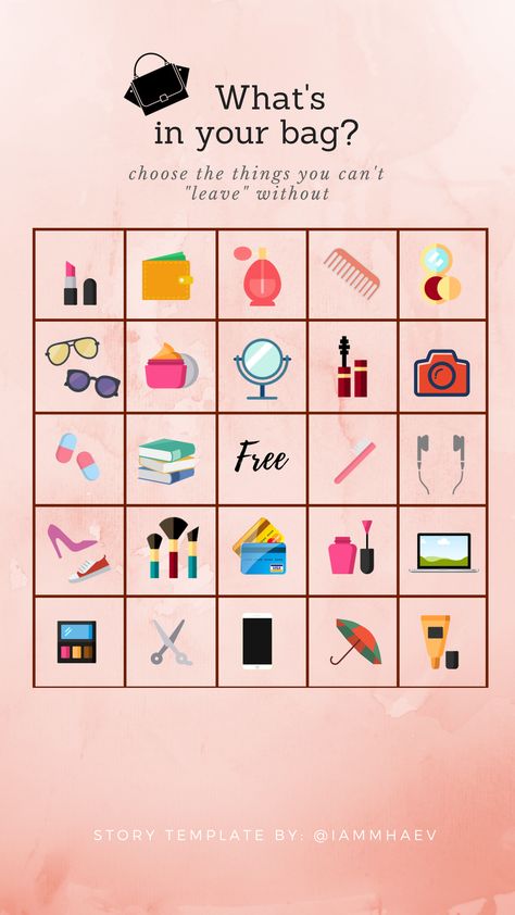 Whats in your bag? (icons) Bingo Instagram Story Template Whats In Your Bag, Instagram Story Questions, Bingo Template, Instagram Questions, Wattpad Quotes, Interactive Posts, Free Stories, Instagram Games, Social Media Games