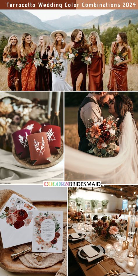 Terracotta and burgundy wedding color combos inspirations for 2024: mixed terracotta and burgundy bridesmaid dresses, terracotta and burgundy drinks cozies, terracotta and burgundy wedding bouquets, wedding invitations with terracotta and burgundy flowers patterns, terracotta and burgundy wedding table decorations. #weddingcolors #weddingideas #fallweddings #terracottaweddings #colsbm #2024 #bridesmaiddresses #terracottaandburgundy Orange And Maroon Color Palette, Wedding Theme Terracotta, Sunset Terracotta Wedding Colors, Burgundy Drinks, Burgundy Wedding Table Decorations, Burgundy And Terracotta Wedding, Rust Orange Wedding Color Combos, Terracotta And Burgundy Wedding, Burgundy And Rust Wedding