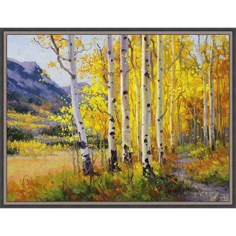 Sunlit Aspen Grove II Wall Art | Black Forest Decor Aspen Trees Painting, Fall Landscape Painting, Aspen Grove, Aspen Art, Painting Trees, Black Forest Decor, Fall Portraits, Fall Trees, Art Whimsical