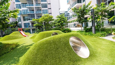 Mound Playground, Biophilic Playground, Singapore Playground, Kindergarten Landscape, Playground Tunnel, Urban Farming Architecture, Playground Landscape, Bicycle Parking Design, Nature Playground