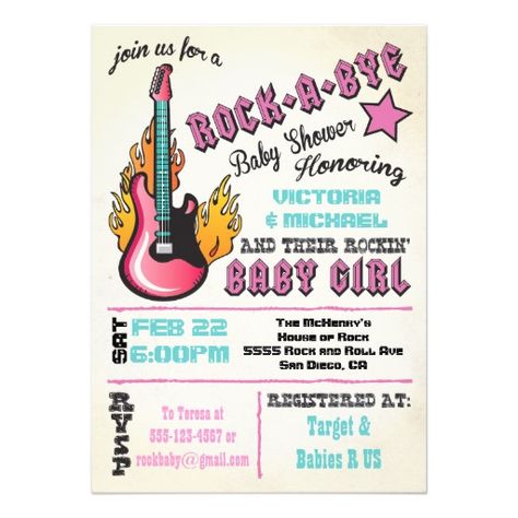 Rock a bye rockstar baby shower Invitations Pink Electric Guitar, Rock Baby Showers, Hand Drawn Invitation, Couples Baby Shower Invitations, Star Baby Shower Invitations, Fun Typography, Rock A Bye Baby, Couples Baby Showers, Boho Baby Shower Invitations